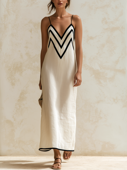 Inma - Vestido Largo Estilo Slip con Bordes en Contraste con Motivo Chevron