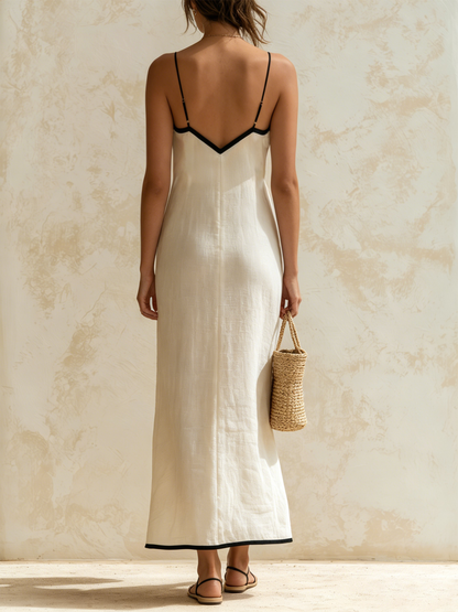 Inma - Vestido Largo Estilo Slip con Bordes en Contraste con Motivo Chevron