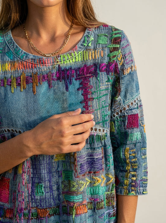 Manuela - Vestido Denim con Patchwork Étnico
