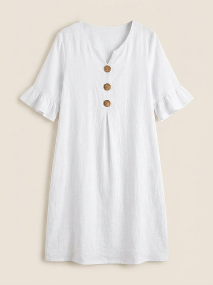 Vanesa - Vestido con Textura de Lino con Manga Abullonada y Botones