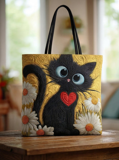 Bolso Artesanal “Gato Negro con Corazón y Margaritas”