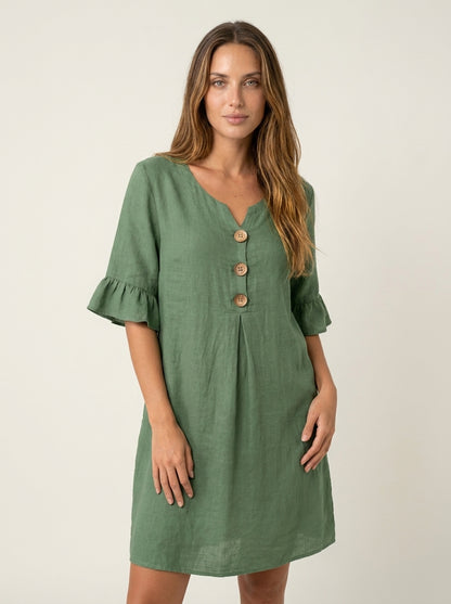 Vanesa - Vestido con Textura de Lino con Manga Abullonada y Botones