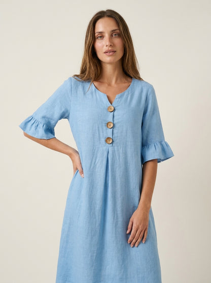 Vanesa - Vestido con Textura de Lino con Manga Abullonada y Botones