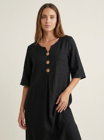 Vanesa - Vestido con Textura de Lino con Manga Abullonada y Botones